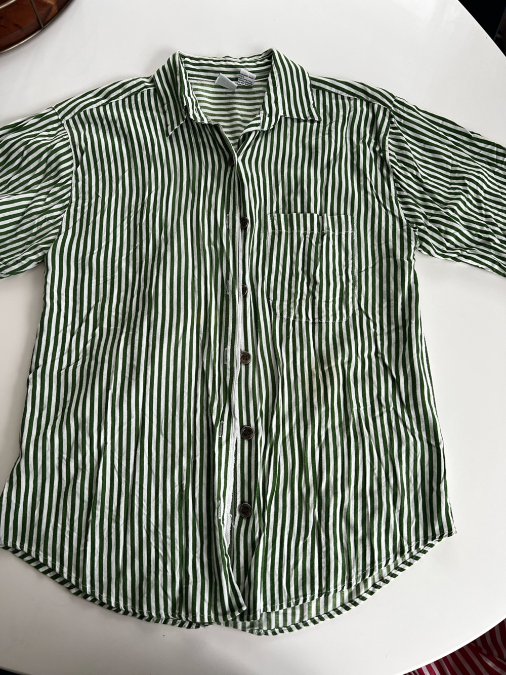 Striped Green & White Short-Sleeve Button-Up Shirt
